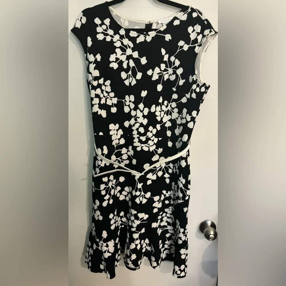 London Times Womens Black White Floral Bottom Ruffle Belted Dress Sz 14